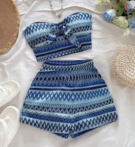 Meghana 2pcs/Set Tie Front Bandeau Top And High Waist Shorts, Casual Daily Wear