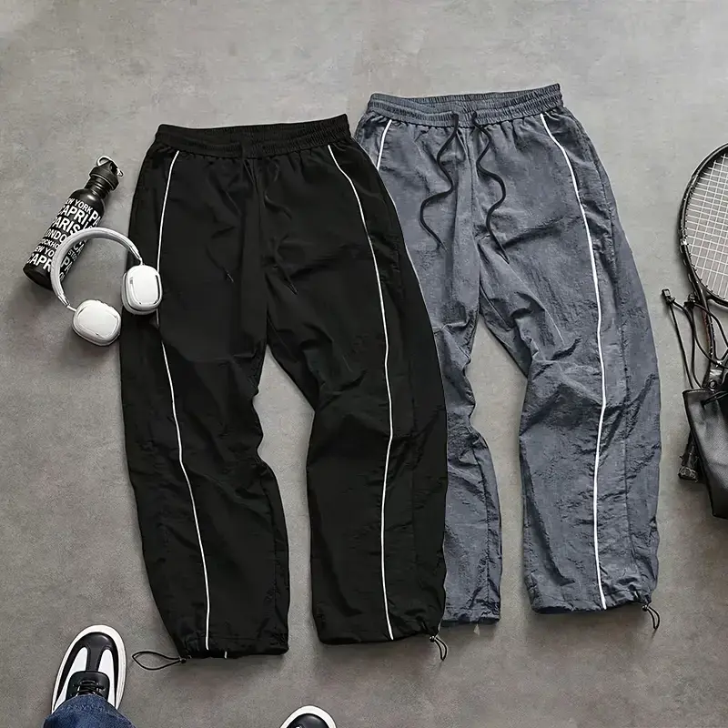 2pcs Men's Casual Sports Long Pants, American-Style Striped Quick-Dry Loose High Street Cargo Paratrooper Pants, Quick-Dry Loose High Street Cargo Pants, Suitable for Street Dance Wear, Combining Sport and Leisure