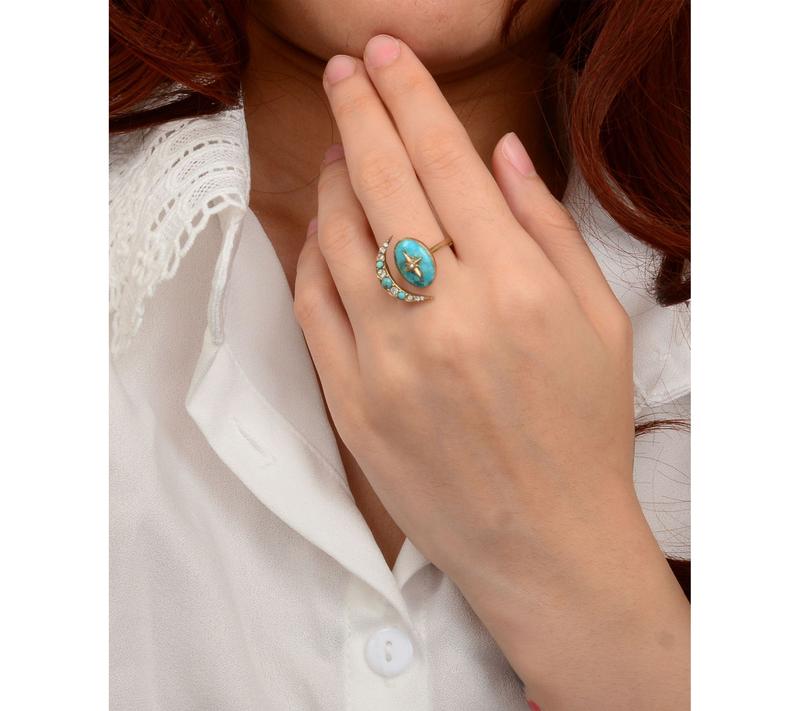 Barse Artisan Crafted Celestial Turquoise Golden Bypass Ring