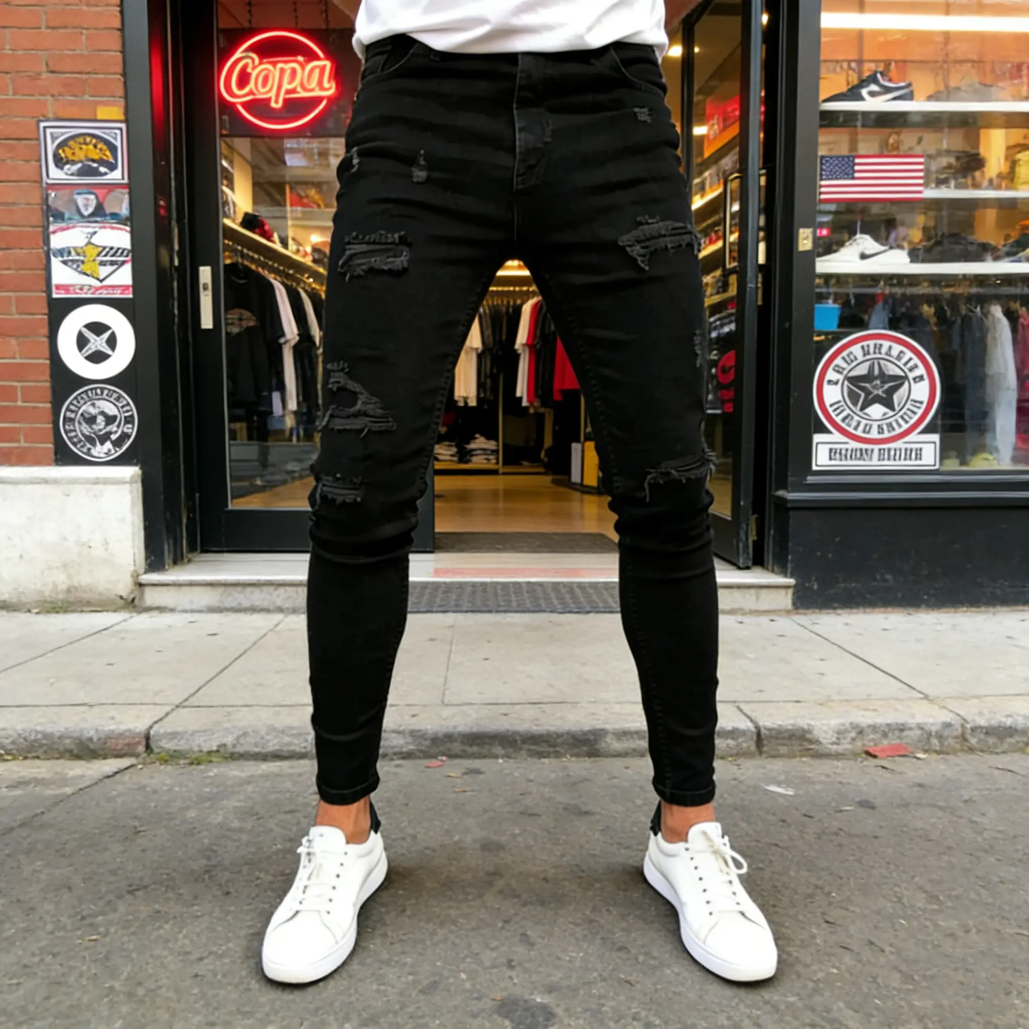 SRETOUU Men's High-Street Fashion Distressed Stretch Skinny Jeans Menswear Streetwear Denim Pants Plain Trouser