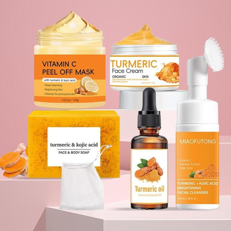 Turmeric Skin Care Kit, 6 Counts/set Including Soap & Cleansing Pad & Mousse Cleanser & Oil & Vitamin C Peel Off Mask & Soap Bag, Skin Care Kit for Women & Men