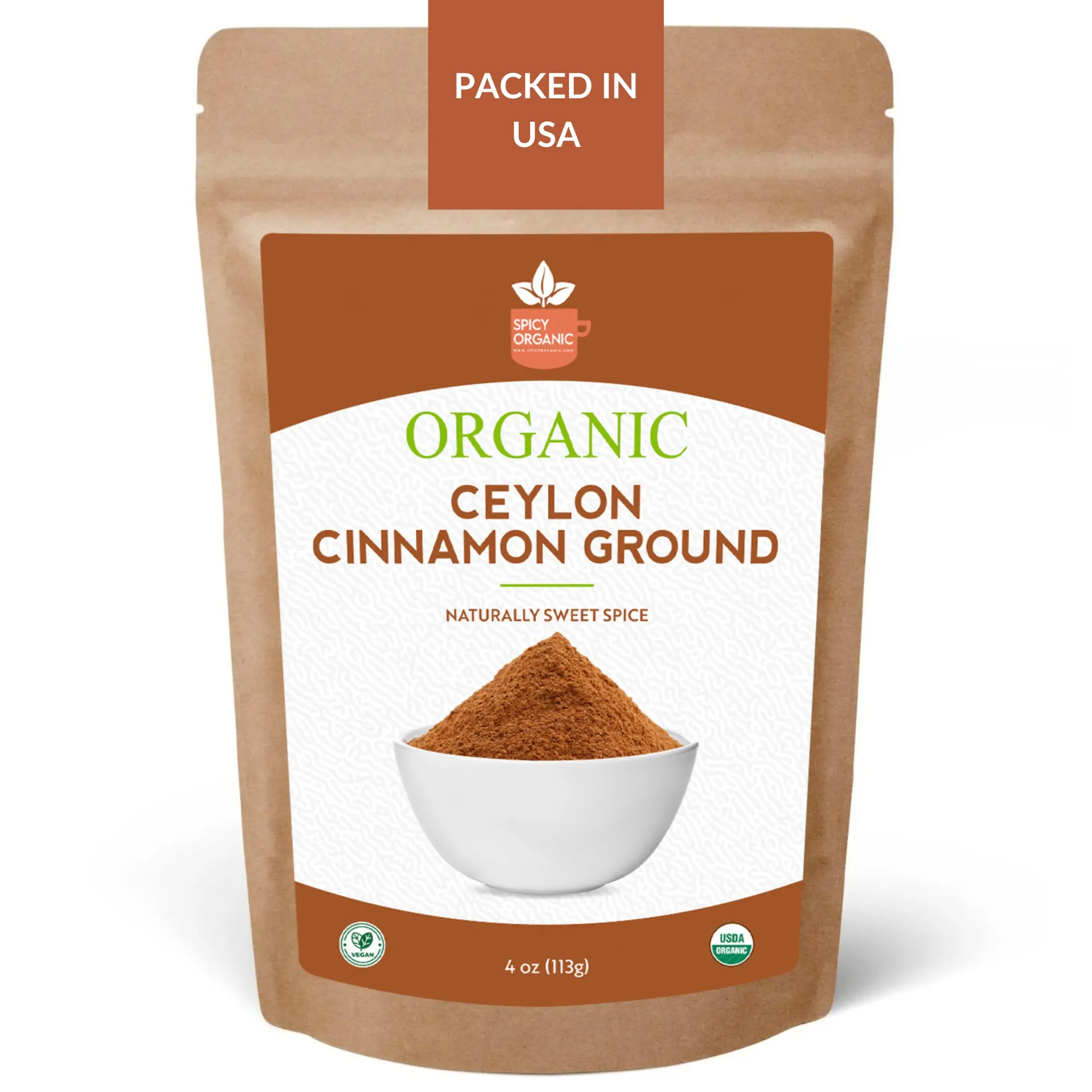 SPICY ORGANIC Ceylon Cinnamon Powder, 4 Oz – Pure & Freshly Ground from Sri Lanka, USDA Certified Organic, Non-GMO, Gluten-Free & Kosher, Perfect for Baking, Cooking, Drinks & Seasoning