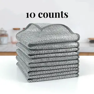 10 Counts Dishwashing Rags Multipurpose Non-Scratch Wire Dishcloths for Wet and Dry Use Reusable Cleaning Cloths for Kitchen Sinks and Pans Silver Removable Washable