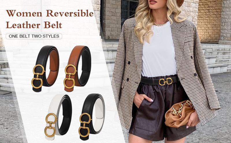 Elegant Reversible PU Leather Belt for Women Accessories Two-in-One Women Fashion Vintage PU Leather Belt for Jeans Dress with Golden Buckle