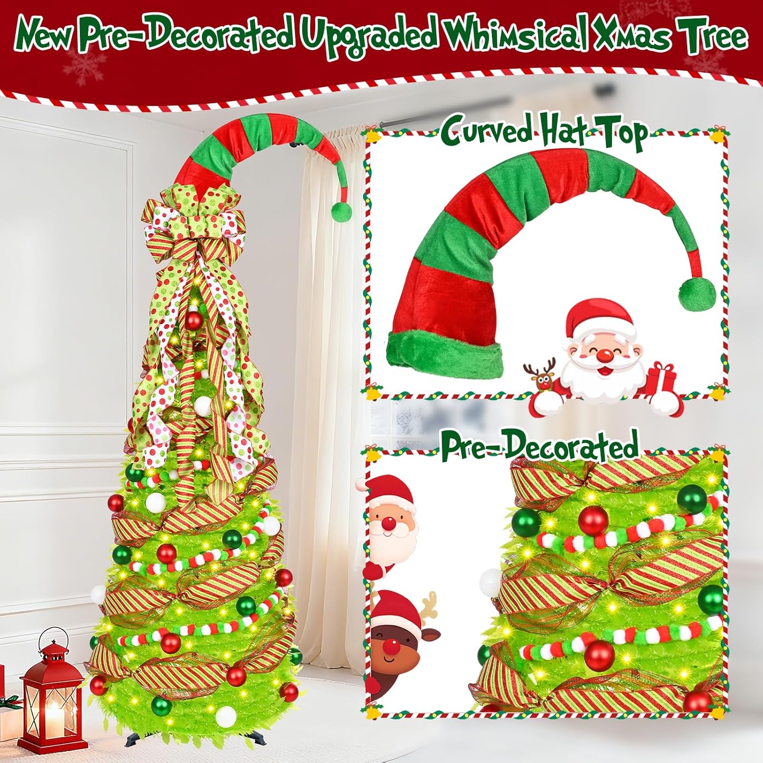 6FT Pop Up Christmas Tree with Lights Remote Control & Ornaments Collapsible Lime Green Xmas Tree with Santa Hat & Bow Tree Topper Whimsical Design for Indoor Outdoor Use Party Decoration Supplies