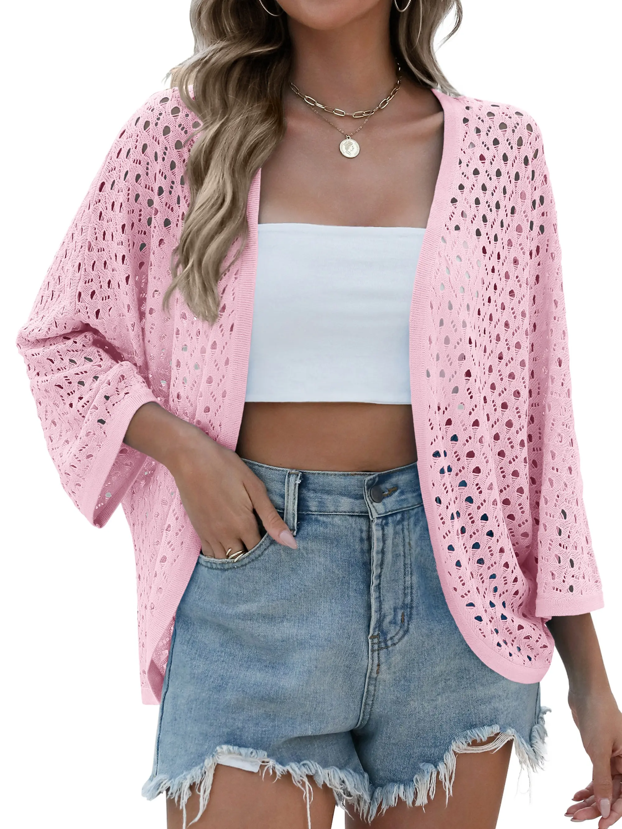 ZEAGOO Women's 2025 Summer Oversized Crochet Cardigan - Chic, Elegant Open-Front 3/4 Sleeve Batwing Boho Knit Duster Cover Up for Cocktail Occasions, Knitwear, Bohemian, Breathable, Lady, Bathing, Polyester