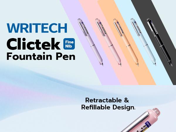 WRITECH Fountain Pen Black Ink with Retractable Fine Nib - Set of 5 Ink Cartridges for Smooth Calligraphy, Journaling and Sketching - Pink Gift