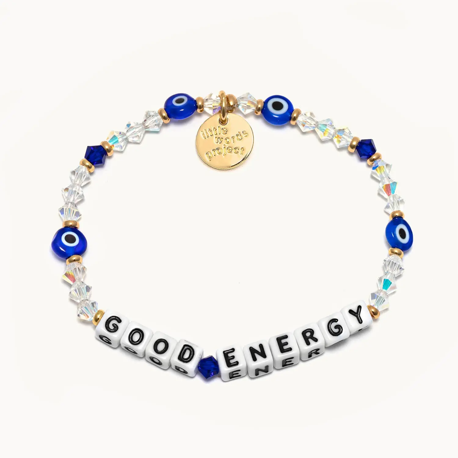 Little Words Project Good Energy Inspirational Bracelet, Beaded Spiritual Bracelet Jewelry with Evil Eye Protection Charm, Adjustable Band & Trackable ID, Charm Bracelet