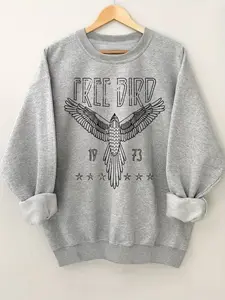 Women's Casual Eagle Print Pullover Sweatshirt, Free Bird Eagle Graphic Sweatshirt, Vintage Eagle Crewneck Pullover, Retro Bird Graphic Casual Outfit
