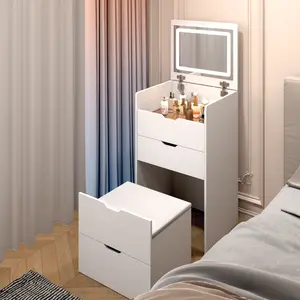 23-inch white with three-color lighting mirror, storage function stool, space-saving, highly functional, suitable for bedroom and apartment vanity  store vanity with mirror daycare