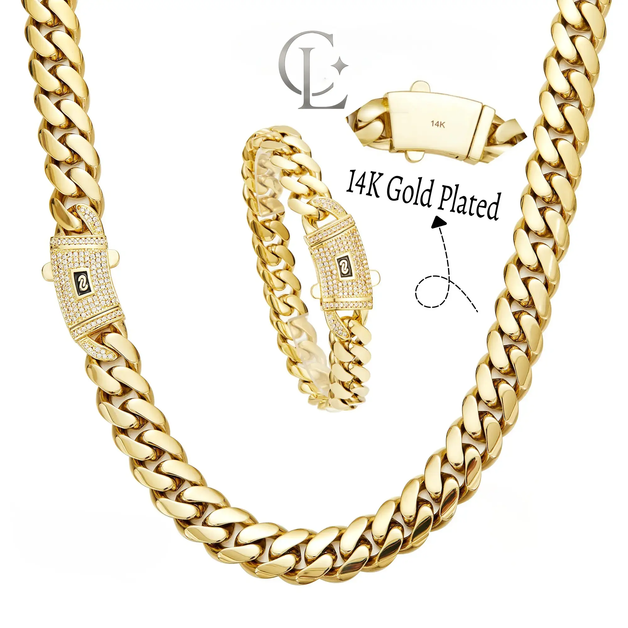 14K Real Gold-Plated Cuban [Set] Necklace & Bracelet with Miami Link Chain Stainless Steel Thick Anti-Friction Chain and Diamond Clasp for Men and Women 6/8/10/12/14MM Colorfast Waterproof Thickened Hip Hop Jewelry Black Friday