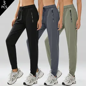 Set of 3 Lightweight Quick-Dry Women's Jogger Pants with Breathable Stretch Waistband Zippered Pockets Loose Casual Athletic Fit for Running Gym Workouts Home Training Year-Round Solid-Color Joggers