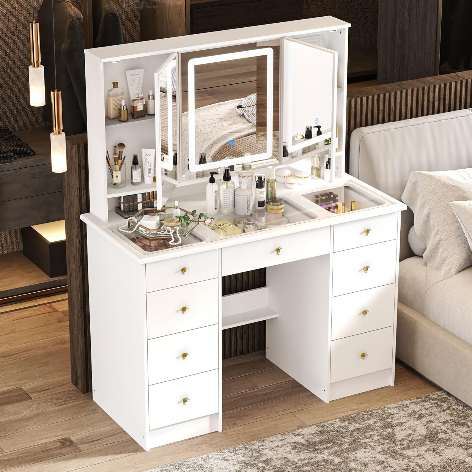 7 Versions-43.3"W Vanity Desk With 9 Drawers, Makeup Desk With 3-Mirror And Touch Screen Light For Bedroom