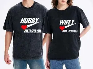 Just Love Him Her Christian Couple Washed T-Shirt Unisex Fit 100% Cotton Vibrant Design Hubby Wifey Print