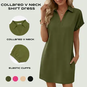 Imily Bela Womens Summer Shirt Dress Casual Short Sleeve Collared V Neck Loose Beach Cover Up Shirts with Pockets