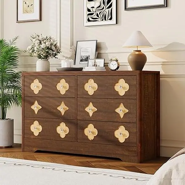 Red 47.2in Wide Mid-Century Modern 6-Drawer Engineered Wood Dresser - Large Capacity Storage Cabinet with Elegant Boho Home Decor Touch, Smooth Slides for Bedroom, Dining Room