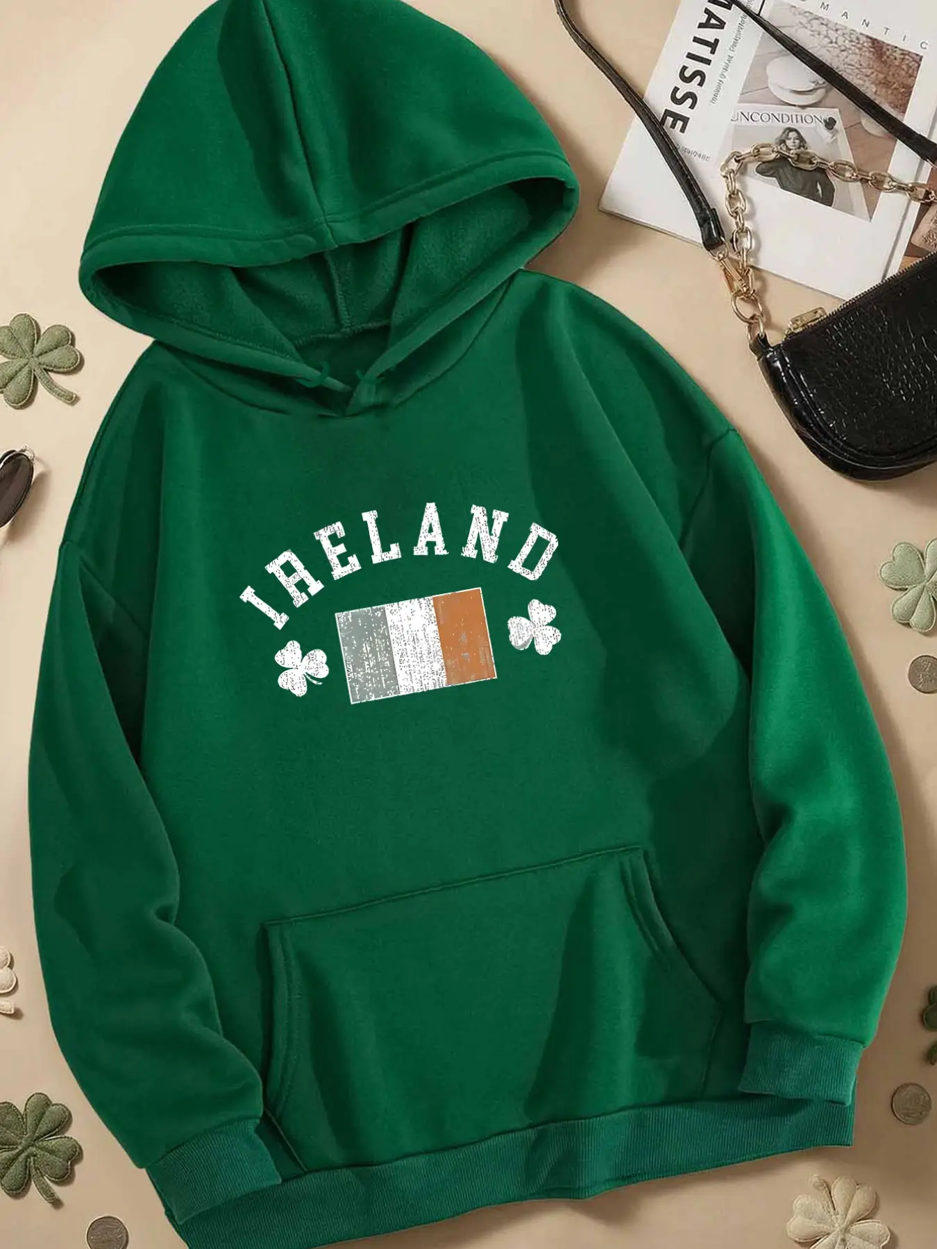 Vintage Distressed Ireland Flag Print Women's Drawstring Hoodie Sweatshirt, Soft Skin-Friendly Fabric for St. Patrick's Day, Casual Long Sleeve Comfort