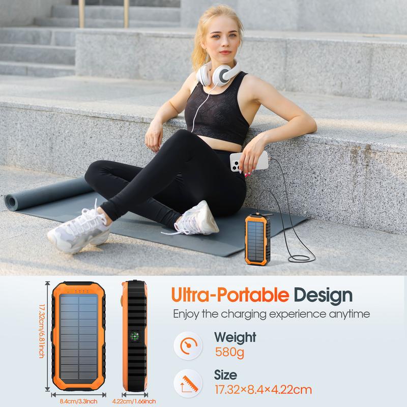 Bodo-Tech 40000mAh Solar Charger Hand Crank Power Bank with 4 Cables Fast PD20W Charging LED Flashlight for iPhone Android Samsung Orange Black
