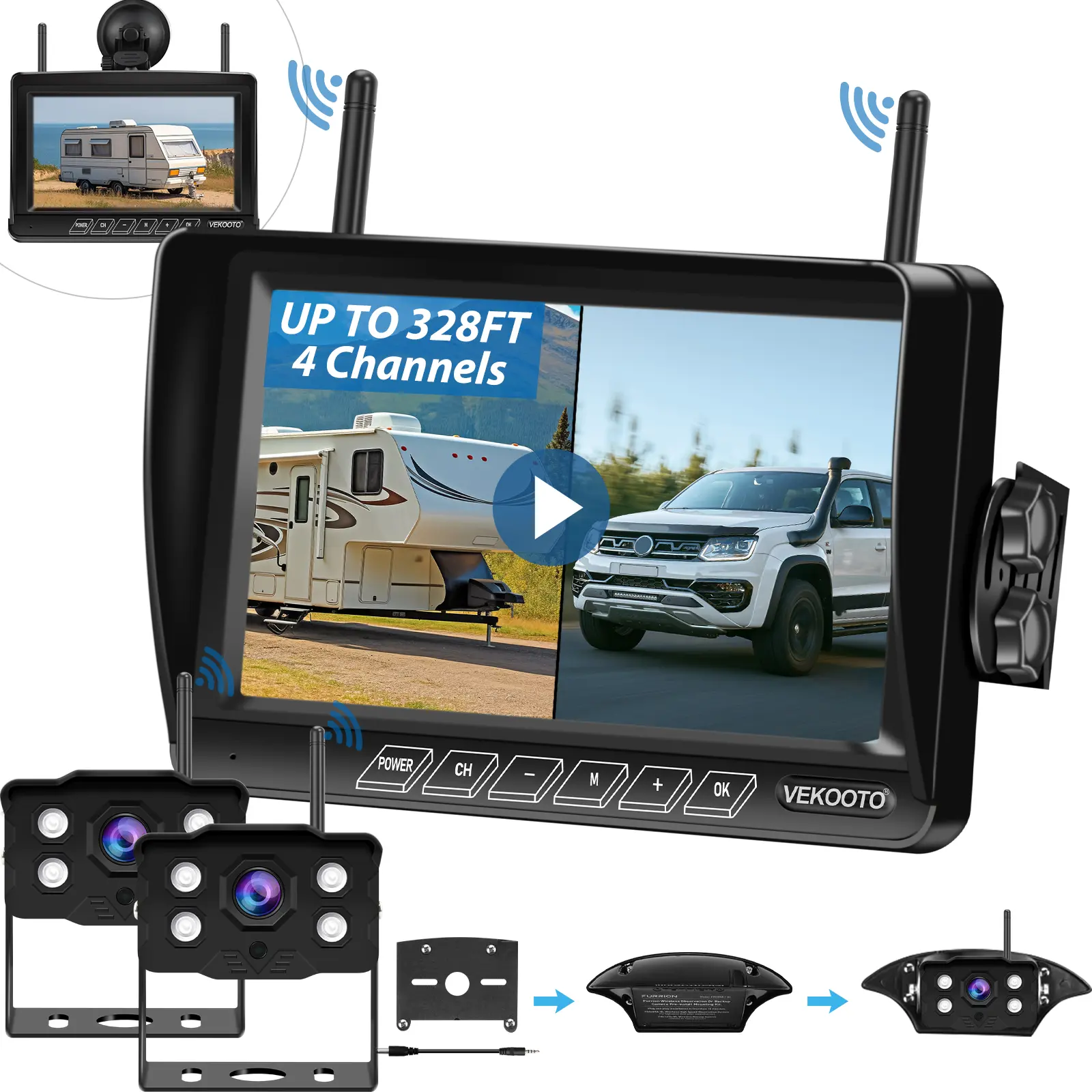 RV Backup Camera Wireless Recording 2 Cameras System, Pre-Wired for Furrion System Night Vision 4 Channels HD 1080P 7'' Touch Key BSD Monitor Rear View Camera for Trailer/Trucks