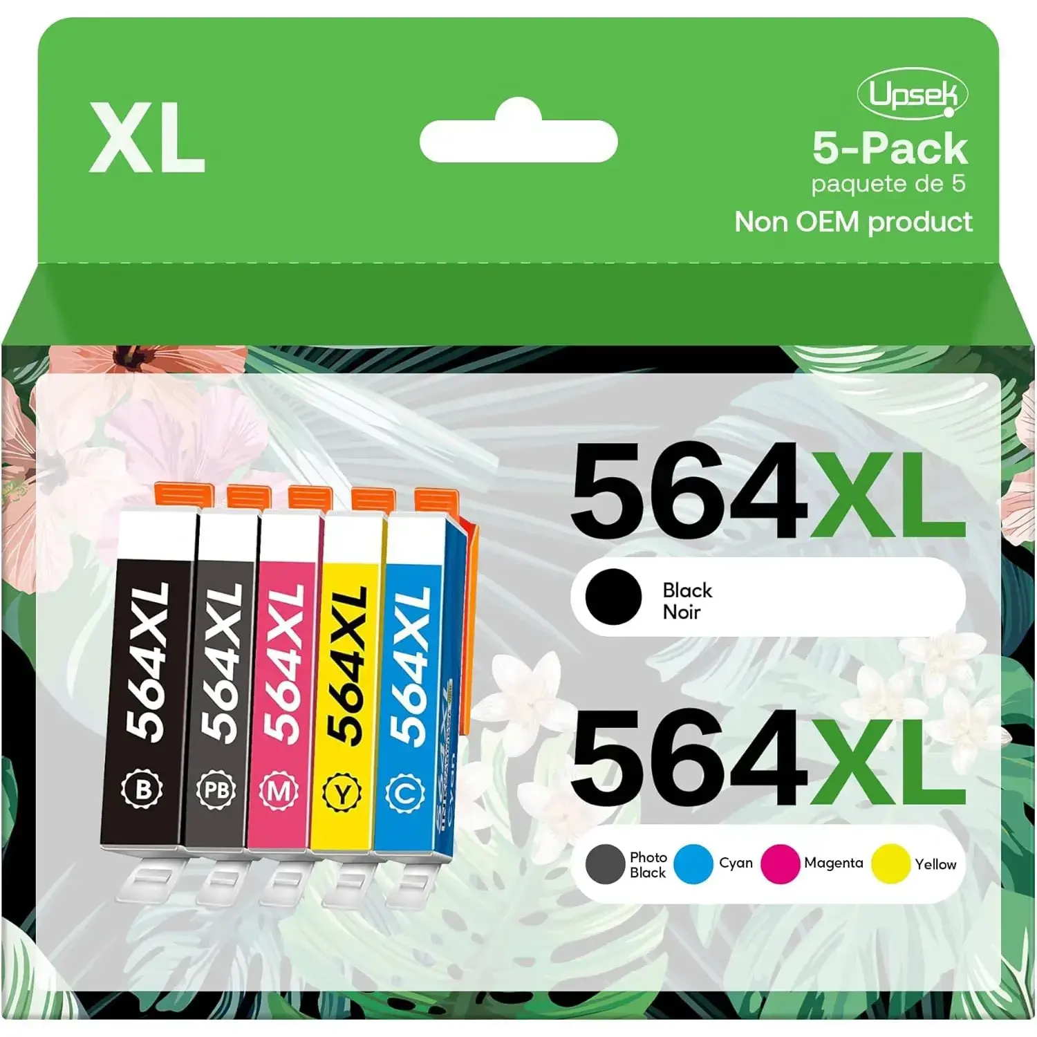 Upsek 564XL 564 High Capacity Compatible Ink Cartridge Replacement with New Chips (5-Pack, 100% Compatibility, 50% More Ink, 750 Pages Per Color) for HP Photosmart, DeskJet, OfficeJet Printers (Black, Cyan, Magenta, Yellow, Photo Black), Hp Printers, 5-Pa
