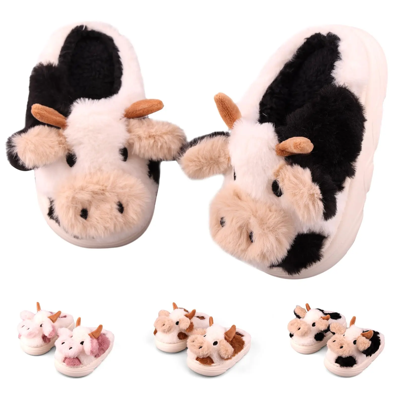 Cute Animal Fluffy Slippers Winter Comfy Warm Fuzzy Slippers Toddler Soft Plush House Slippers Memory Foam Non-slip Indoor Outdoor Shoes With heel