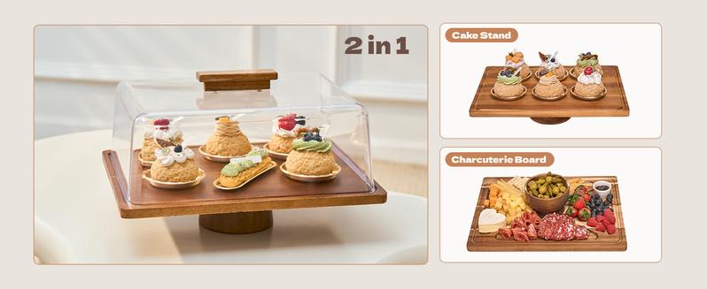 【NewYear2026】Acacia Wood Cake Stand 2in1 with Plastic Lid & Bowl-Square Cake Display Stand for Dessert/Fruit/Cheese/Chips/Donut-Organiser,Valentine’s Day Gift