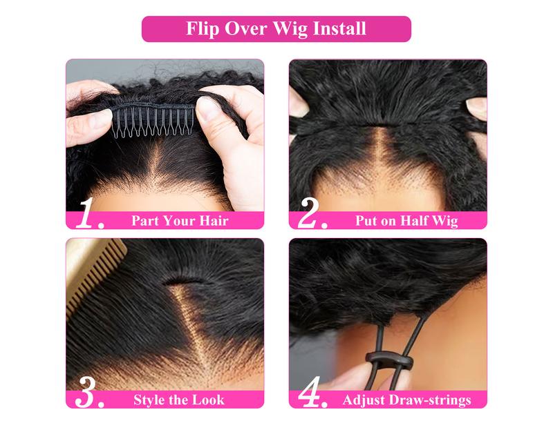 [Wear Go Half Wig] BGMgirl Invisible Hairline  Yaki Butterfly Layered Cut/ Afro CurlyHalf Wig Multiple Texture Available Kinky Curly Water Wave Glueless Human Hair Wigs Seamless Flip Over Updo Down Style Hairpiece eve valentines day gift