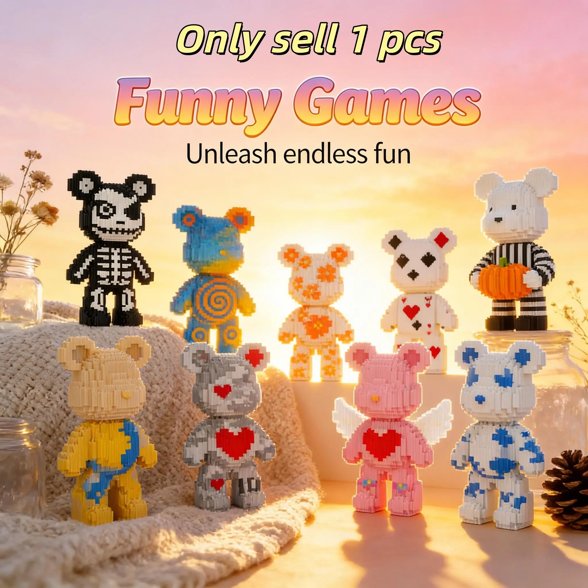Multicolor Surprise Gift Bear 3D Puzzle Creative Diy Building Model Building Blocks Decoration, Home Office Bookshelf Decor, Party Living Room TV Stand Display