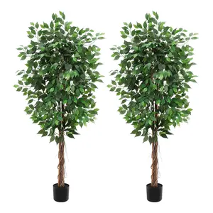 6FT Tall Faux Ficus Tree Set of 2, 1008 Lush Leaves Artificial Plants in Black Nursery Pots, 2-Trunk Fake Greenery for Indoor Outdoor