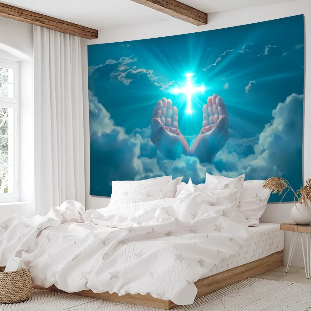 Shiny Raised-Hand Praying Glowing Cross Print Wall Tapestry - Decorative Home Textile Hanging with Installation Package, Classic French Country Family Decor, Ideal for Living Room, Bedroom, Retro Gift for Girls