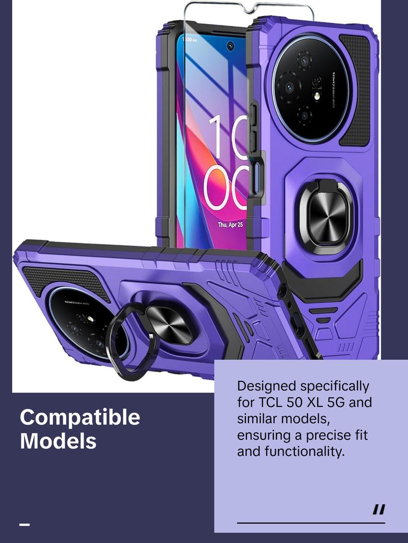 TCL 50 XL 5G Phone Case with Tempered Glass Screen Protector, Military Grade Heavy Duty Shockproof Protective Cover, Ring Kickstand for TCL 50 XL (Purple)
