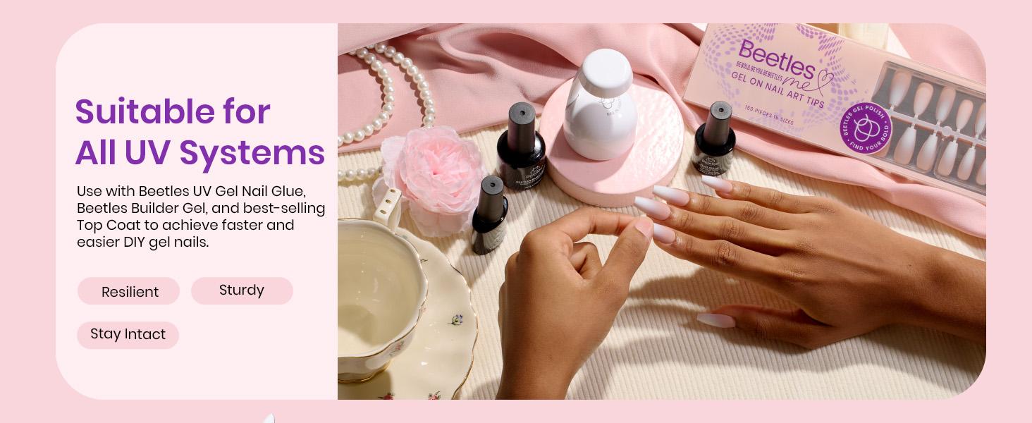 Beetles French Tip Press on Nails+Toenails：Almond/Coffin/Square/Squoval Pre-APplied Primer & Base Coat Glue for DIY Nail Gift for Women Easter'sGift