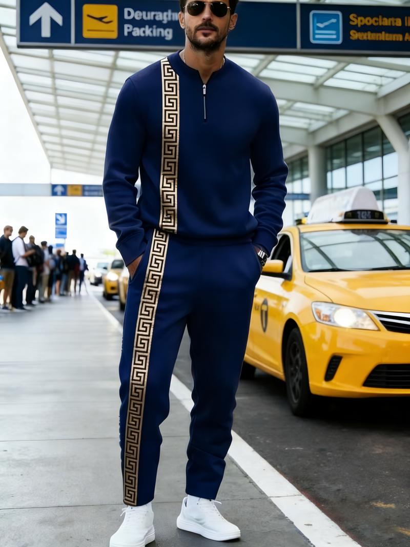 Casual Trendy Men's Half Zip Stand Collar Sweatshirt + Cuffed Joggers Sports Casual Two-Piece Set