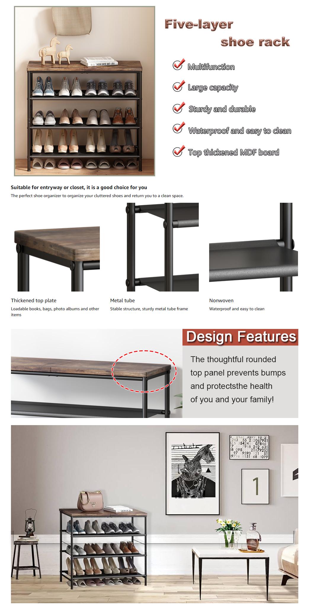 SUOERNUO Shoe Rack Organizer 4 Tier 5 Tier 6 Tier Metal Storage Shelf with Industrial MDF Board & Layer Fabric for Garage Home Organization