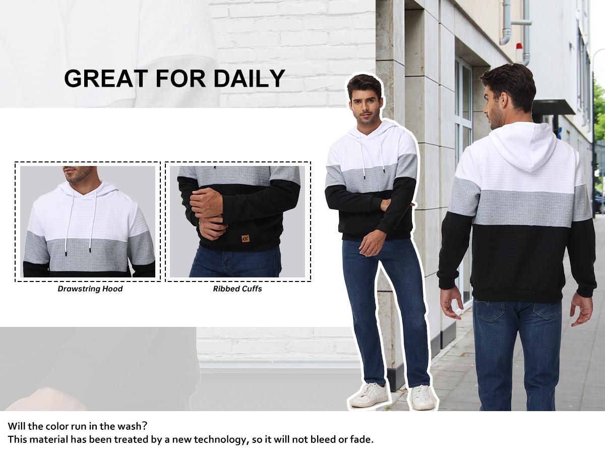 Men's Sweatshirts Long Sleeve Pullover Patchwork Plaid Jacquard Hoodie Casual Drawstring Hoody Top Breathable Sportswear with Kangaroo Pocket & Adjustable Drawstring