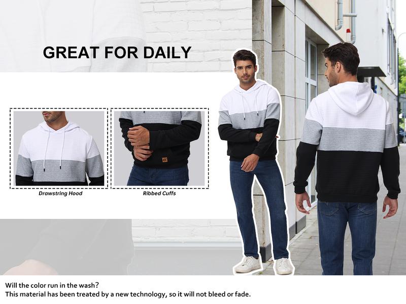 Men's Sweatshirts Long Sleeve Pullover Patchwork Plaid Jacquard Hoodie Casual Drawstring Hoody Top Breathable Sportswear with Kangaroo Pocket & Adjustable Drawstring