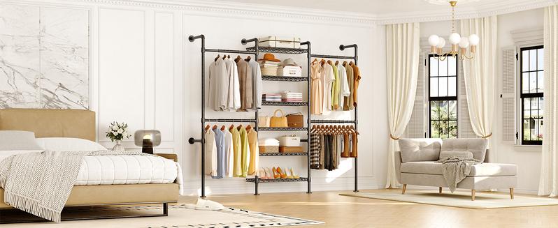 【Valentine's Day gift】ONBRILL Expandable Wall Mounted Closet System, Industrial Clothing Rack, Pipe Clothes Rack Garment Racks for Hanging Clothes, Heavy Duty Closet Organizers,Livingroom Bedroom Furniture
