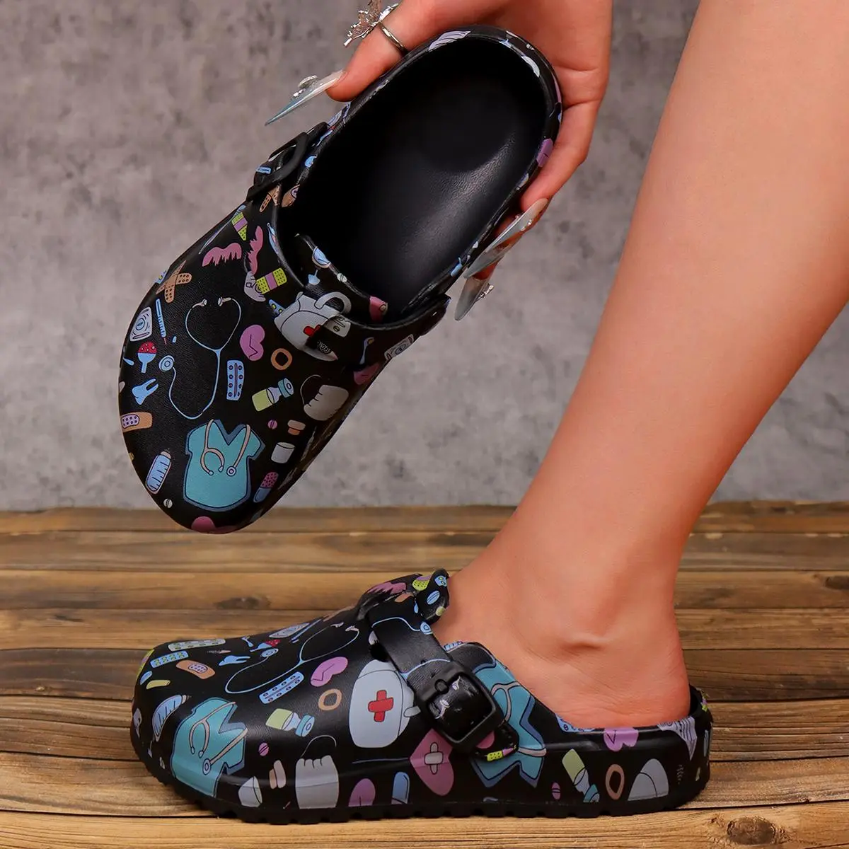 Women's Anti-Slip Waterproof Medical Print Clogs - Adjustable Strap, Slip-On, Round Toe, Lightweight EVA Sole, All-Seasons, Indoor & Outdoors Casual Ankle Shoes