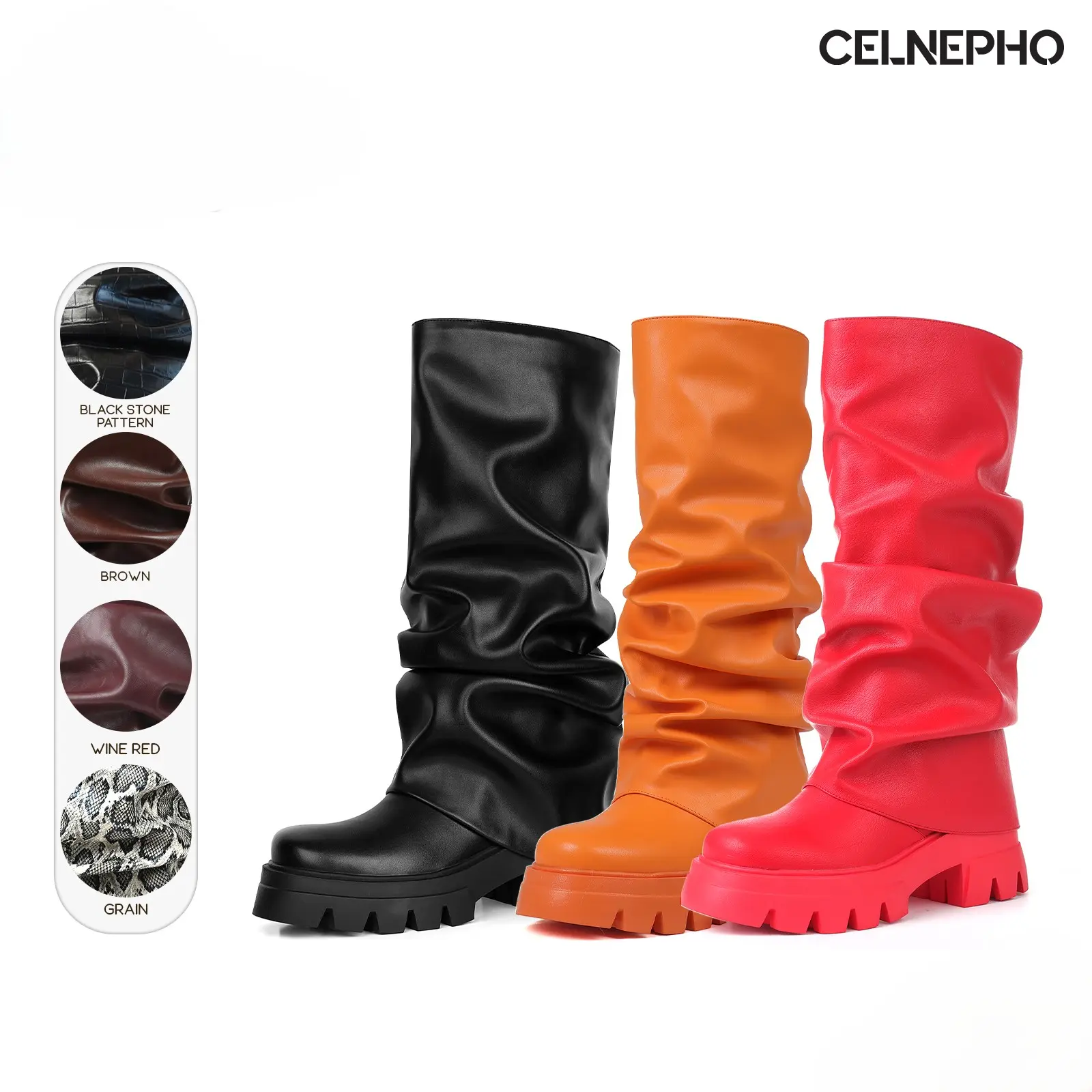 CELNEPHO Womens Slouchy Boots Foldover Knee High Boot Round Toe Chunky Platform Heel Comfy Easy Pull on Shark Ruched Pleated Combat Fall Fashion Booties Everyday Wear Gift Date Nightclub Outdoor Concert Work Casual Long Tall Trendy Dress Shoes