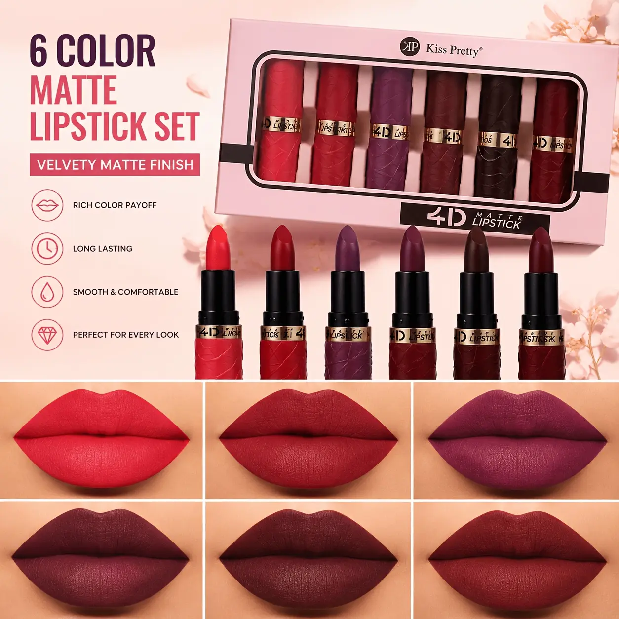Velvet Matte Lipstick Set - 6 Hydrating Nude & Pink Shades, 24HR Waterproof and Long-Lasting Lip Makeup with a Moisturizing Lip Balm Feel, Water Proof