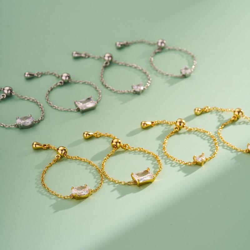 Oufer 14K Gold Plating CZ US Ring Size 3-13 Adjustable Oval  Chain Ring For Women Gift Real Gold Plating