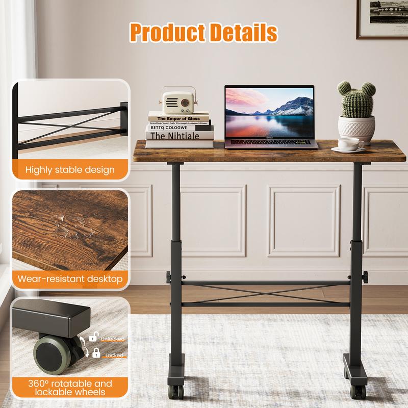 Flycity Portable vertical office desk, adjustable height standing desk, small computer, laptop, mobile vertical rolling desk with wheels, suitable for home office desk