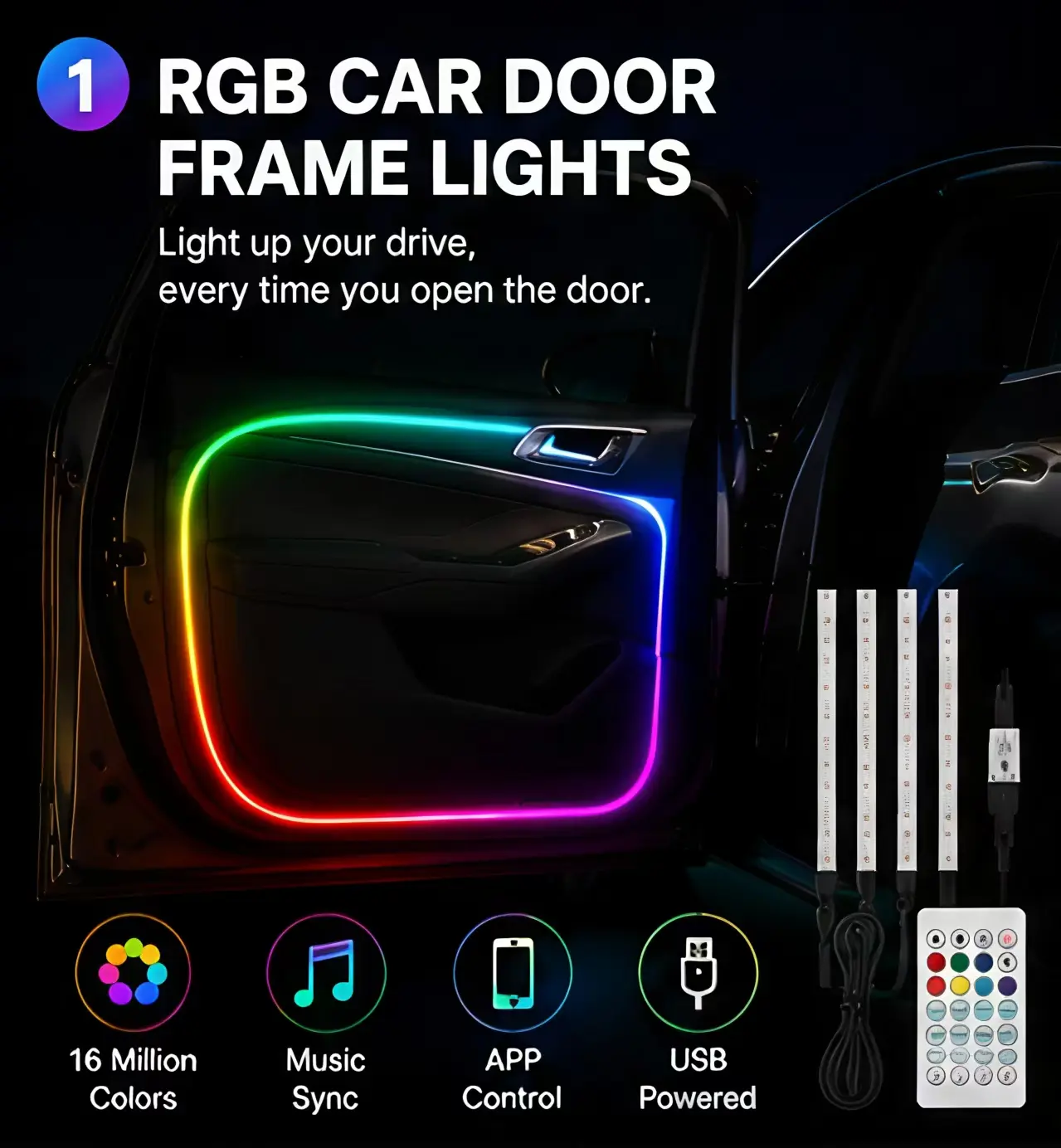 Car Interior LED Ambient Door Frame Lighting Kit for 4-Door Vehicles - RGB 4-in-1 Car Decorative Light, 16M Colors, Wireless APP & Remote Control, Sound Active Function, Complete Decoration Accessory, Ambient Lighting, Cool Car Stuff