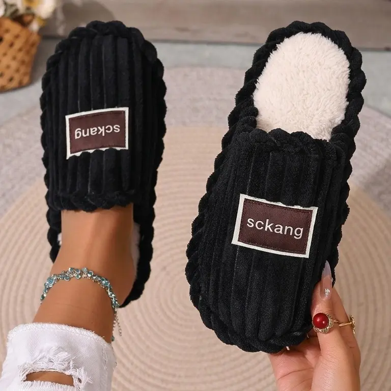 Women's Cotton Slippers - Stylish Striped Round Toe, Fluffy Look, Anti-Slip Thick Sole, Cashmere Warmth, Indoor Wear All-Season Cute Mop Shoes