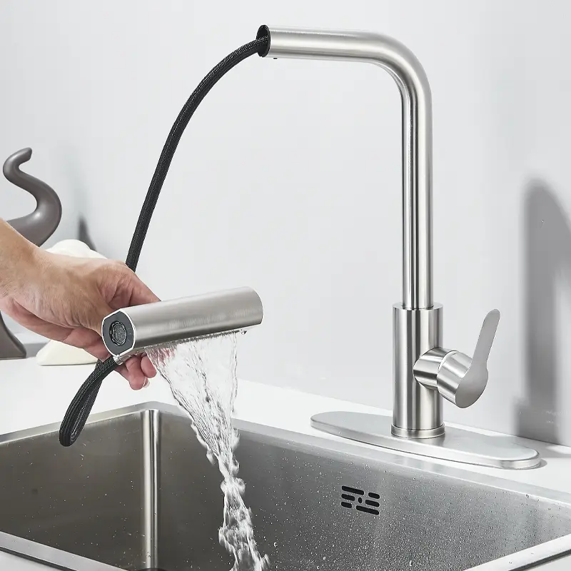 Waterfall Kitchen Faucet with Pull Down Sprayer, 4 Modes (Sweep/Stream/Waterfall/Spray) 360° Swivel Single Handle Mixer Tap, Plastic & Stainless Steel Material, 10 Inch Deck Plate Included for 1 or 3 Holes, Brushed Nickel and Matte Black to choose