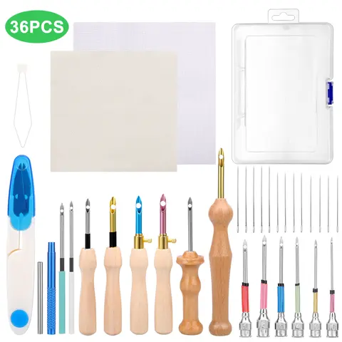 36 Pcs Punch Needle Craft Kit for Beginners - Cross Stitch Embroidery Stitching Tool, DIY Craft Supplies with Needle Threader & Cloth, Perfect Gift for Adults