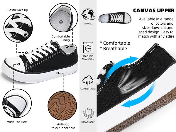 AKK Women's Black Low Top Wide Toe Canvas Shoes Breathable Lightweight Casual Sneakers with Non-Slip Sole Soft Cushioned Insole for Everyday Wear Footwear Girl Running Training Athletic Trainer Closed Runner Black01