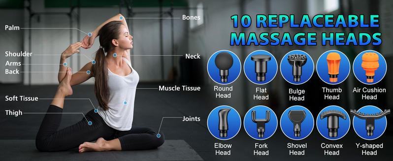 TOLOCO deep tissue massage gun features 10 heads and a silent brushless motor. Ideal for athletes and pain relief. Perfect cordless Christmas gift! Adjustable Massager