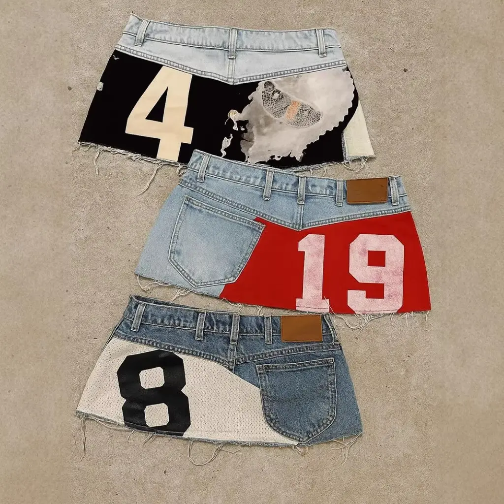 New Women's Streetwear Gothic Digital-Printed Spliced Casual Denim Mini Skirt - BM-Style Washed Shapewear, Casual Denim Skirt