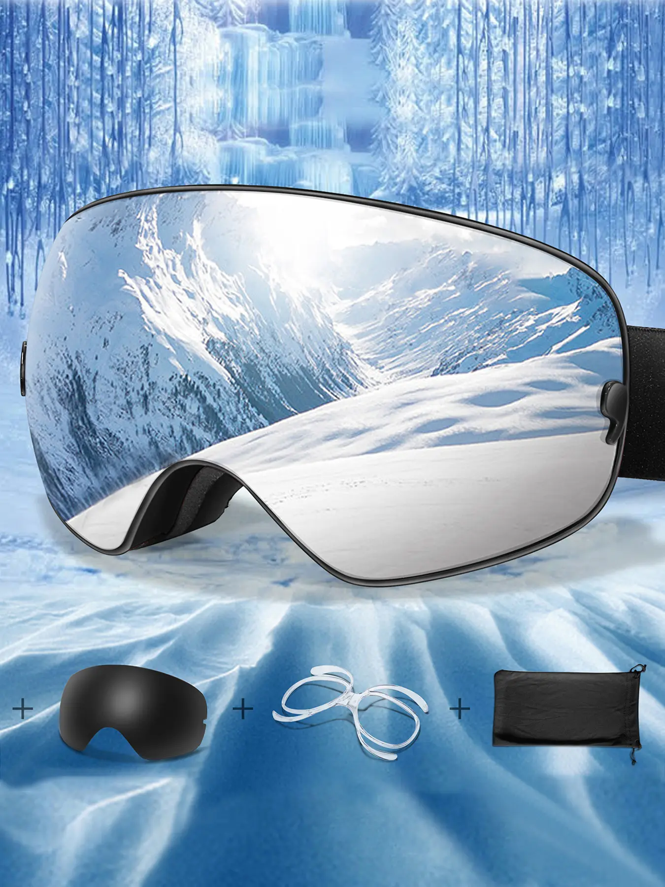 Unisex Fashion Ski Sunglasses + Replacement Lenses, OTG Snowboard Goggles, Anti-Fog UV 400 Protection, Fall & Winter Sport Style, Sports Eyewear, Sports Outdoor Sunglasses